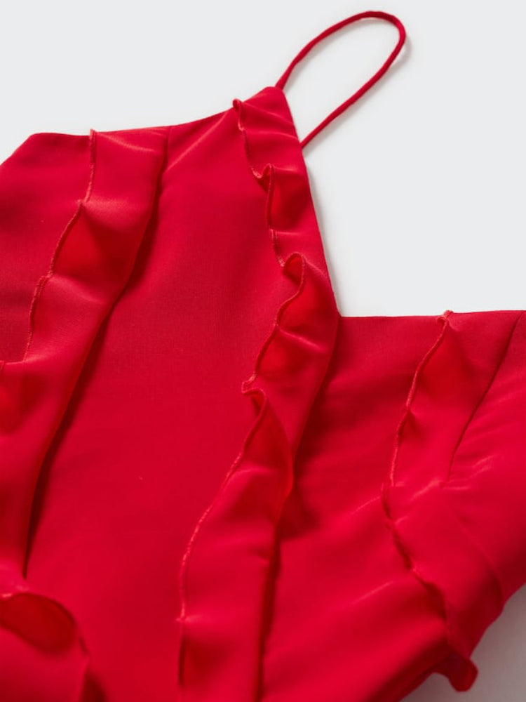 Red Side Slit Backless Maxi Dress With Ruffle Detail
