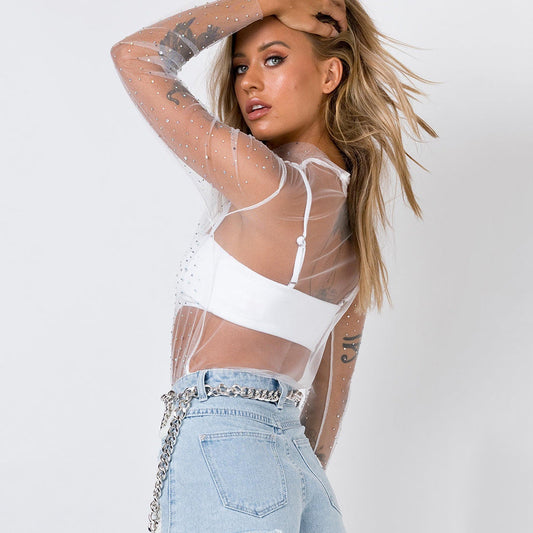 White Daring See-through Rhinestoned Top
