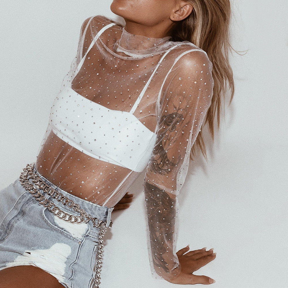 White Daring See-through Rhinestoned Top