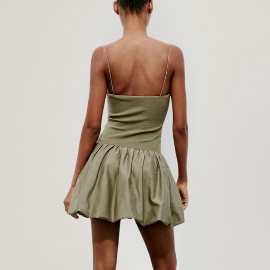 Green Contrast Ribbed Puff Skirt Dress