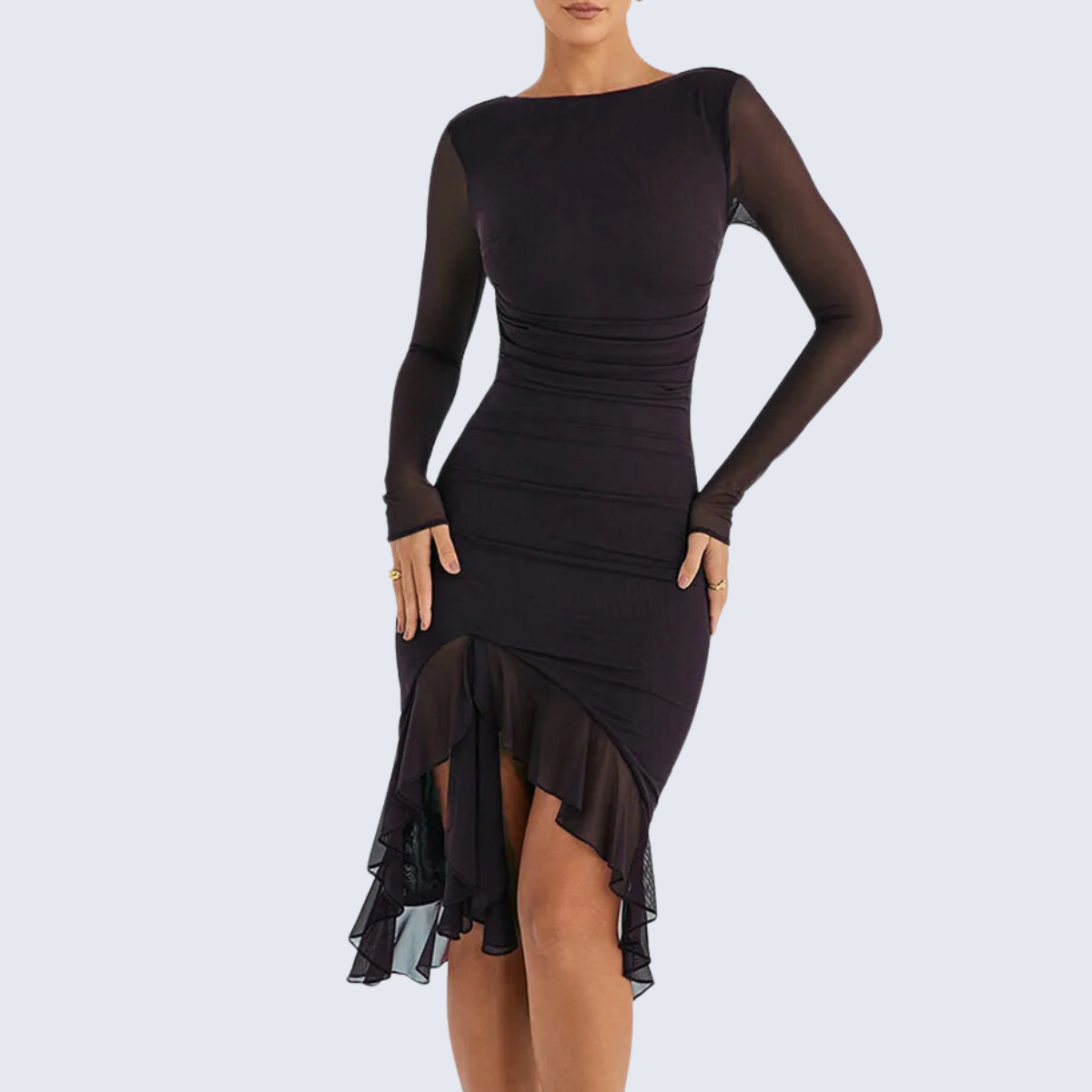 Black Long Sleeve Backless Ruffle Midi Dress ADONIS BOUTIQUE Black Long Sleeve Backless Ruffle Midi Dress ADONIS BOUTIQUE