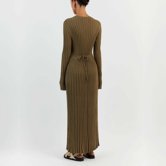 Brown Long Sleeve Knit Midi Dress