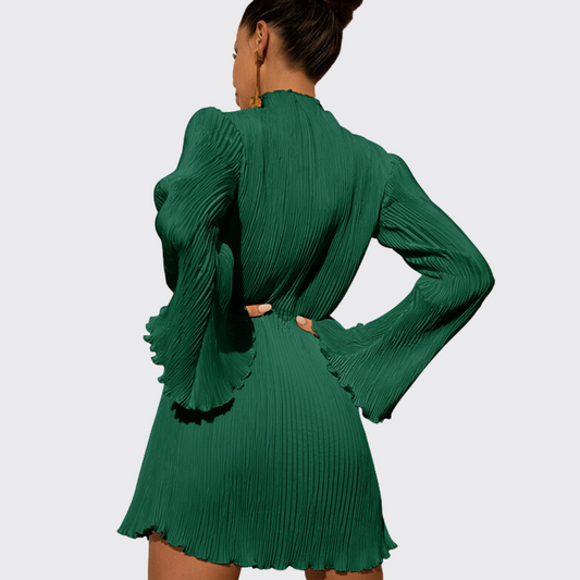 Emerald Green Long Sleeve Pleated Mini Dress