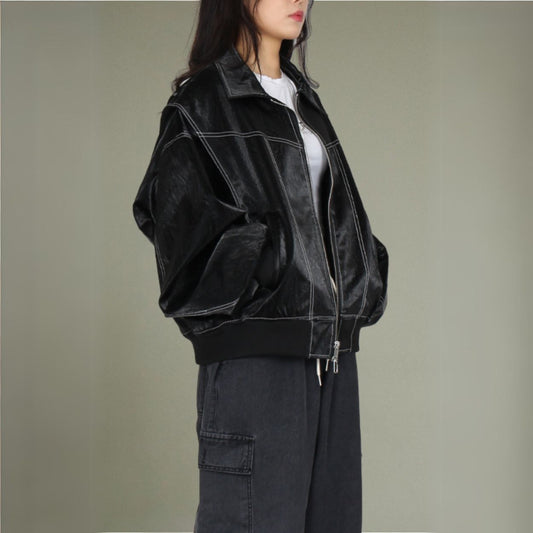 Black Contrast Stitch Leather Bomber Jacket