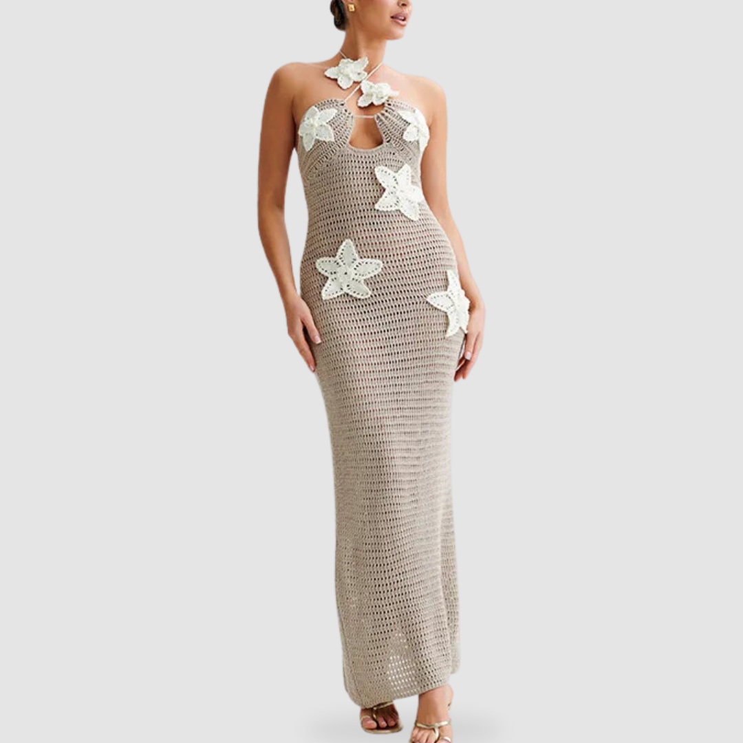 Beige Halter Neck Flower Crochet Dress – ADONIS BOUTIQUE