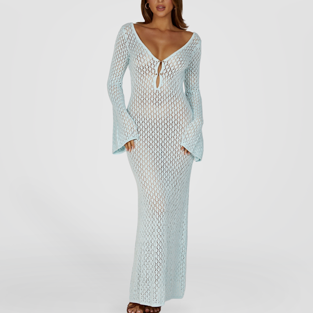 Blue crochet Knitted Dress With Key-Hole Cut-Outs ADONIS BOUTIQUE Blue crochet Knitted Dress With Key-Hole Cut-Outs ADONIS BOUTIQUE