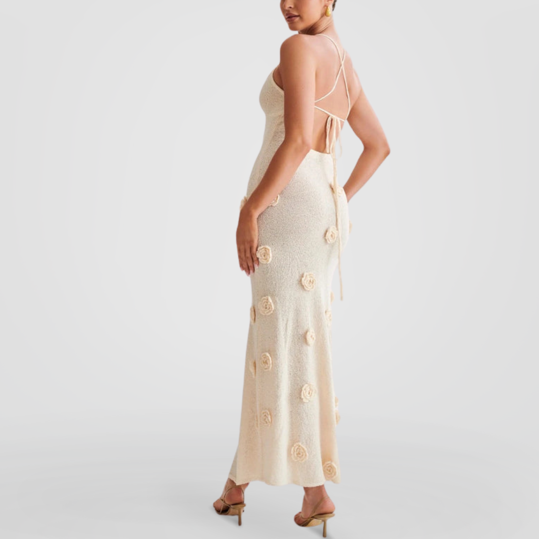 Crochet Midi Dress With Rose Apliques