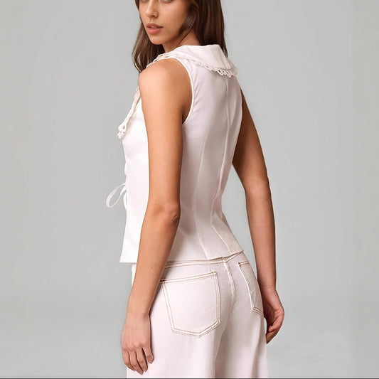 White Lace Trim Front Bow Knot Top