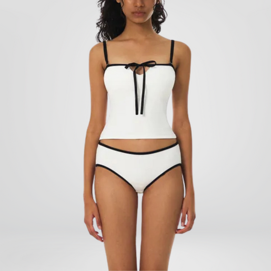 White Contrast Bow-Front Tankini Set