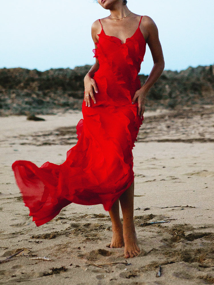 Red Side Slit Backless Maxi Dress With Ruffle Detail
