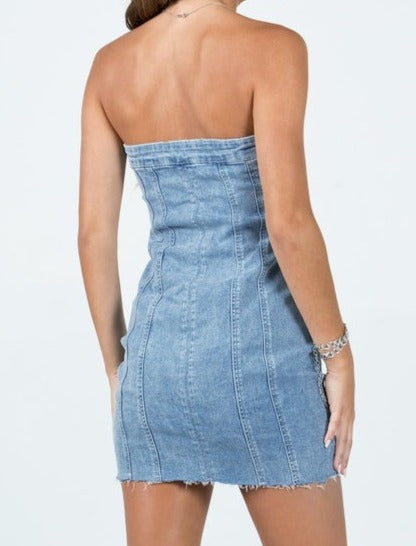 Blue Denim Strapless Tube Dress
