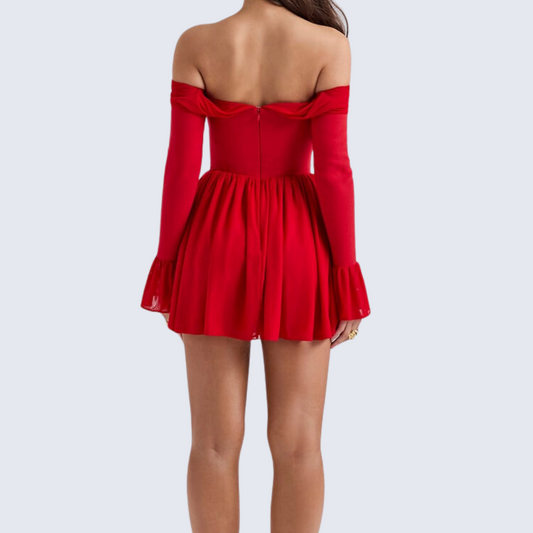 Red Off Shoulder Flare Dress