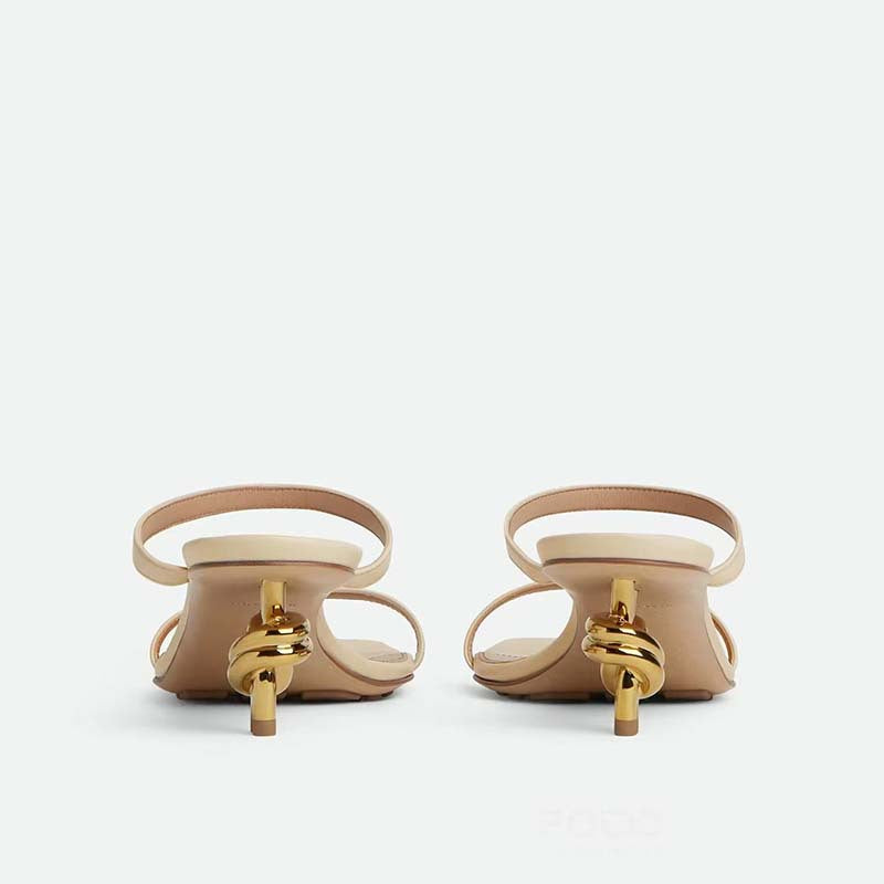 Beige Strappy Sandals with Gold Knot Kitten Heel