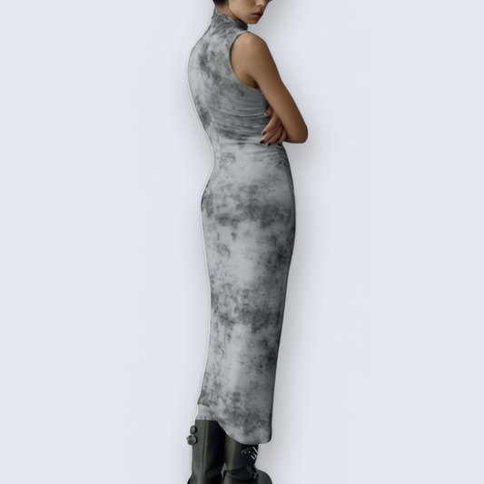 Gray Sleeveless Side Ruching Midi Dress