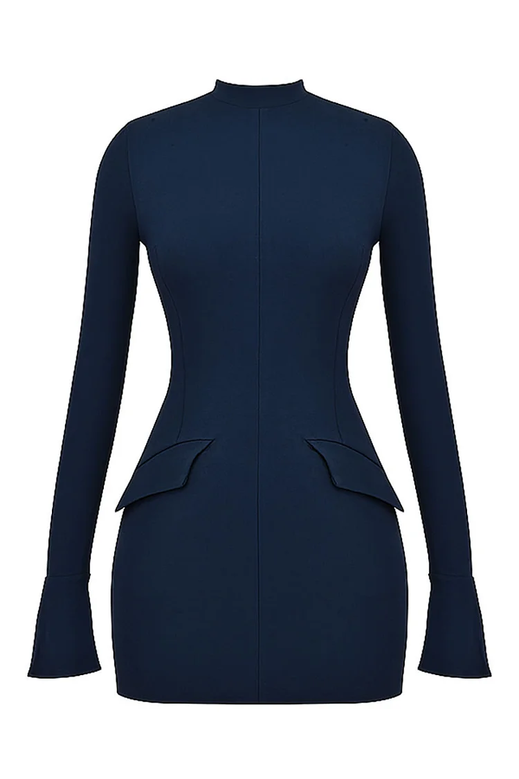 Navy Blue Mock Neck Flared Sleeve Mini Dress