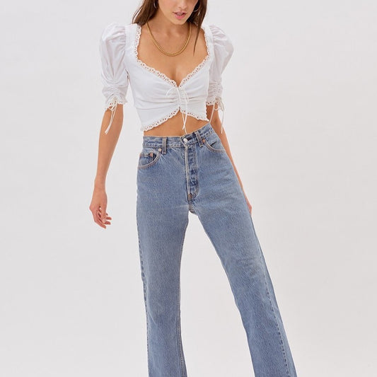 White Short Sleeves Lace Trim Cropped Top