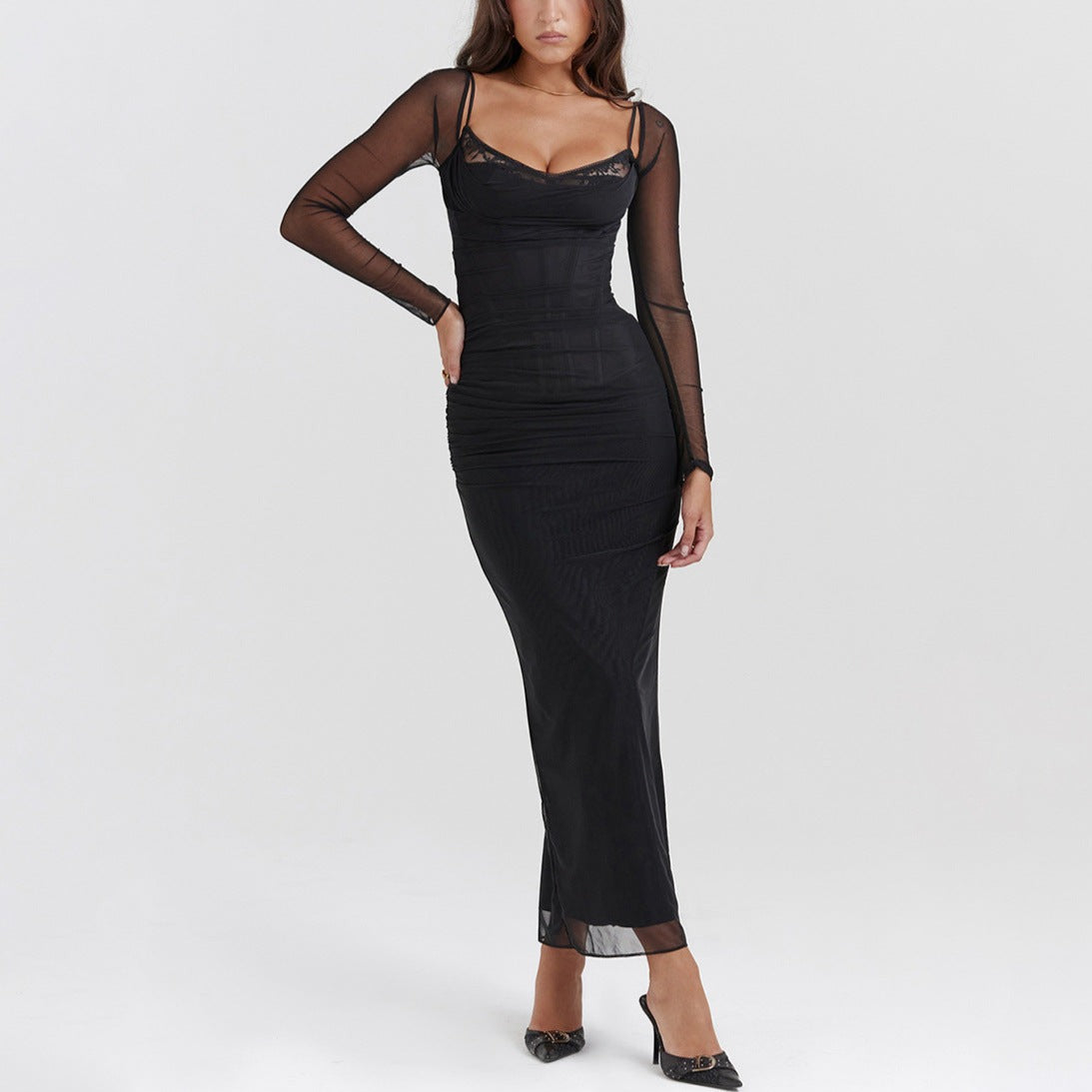 Black Mesh Long Sleeve Corseted Midi Dress