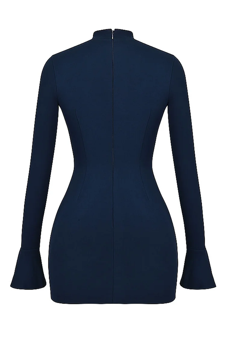 Navy Blue Mock Neck Flared Sleeve Mini Dress