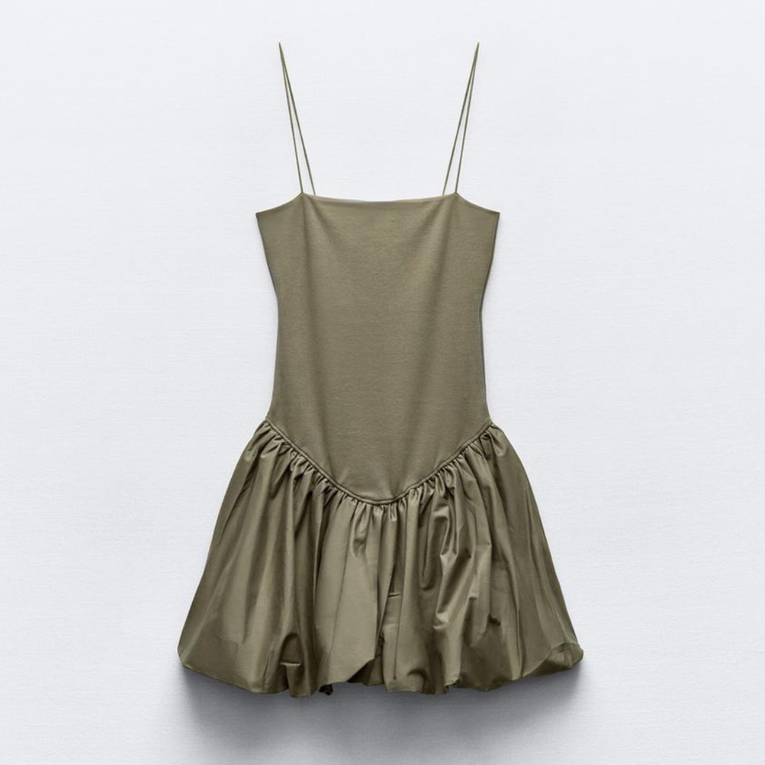 Green Contrast Ribbed Puff Skirt Dress