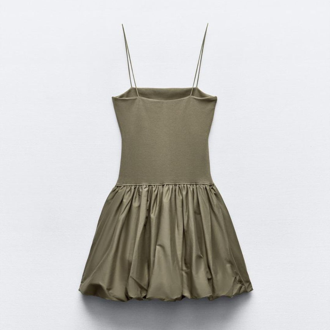 Green Contrast Ribbed Puff Skirt Dress