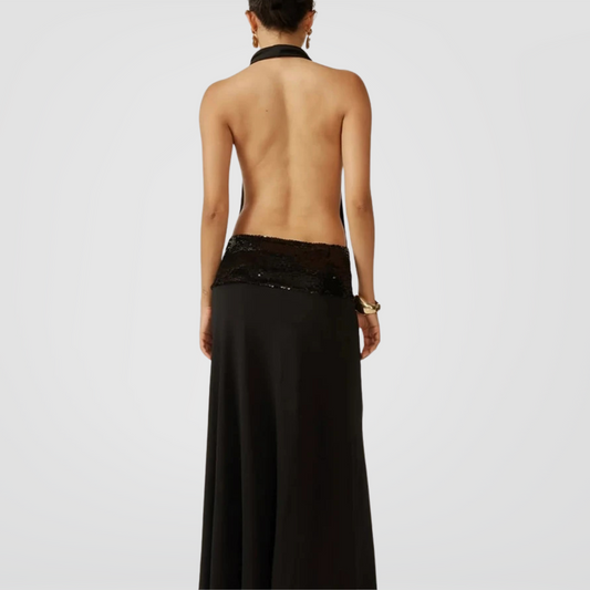 Draped Halter Gown with Sequin Waistband