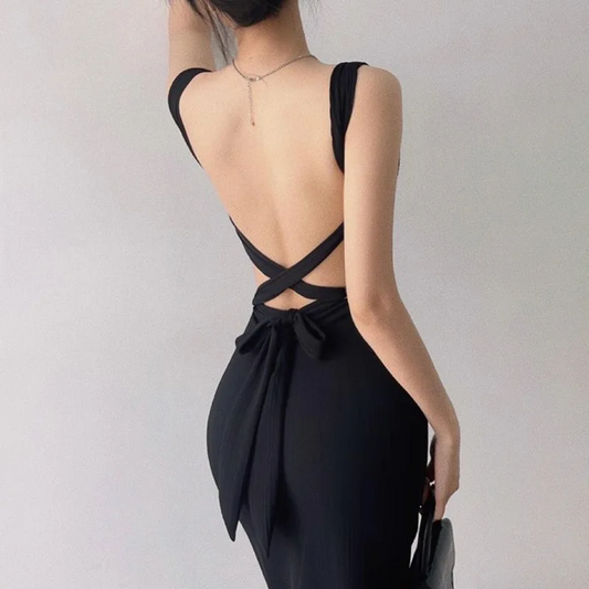Black Square Neck Back Strap Midi Dress
