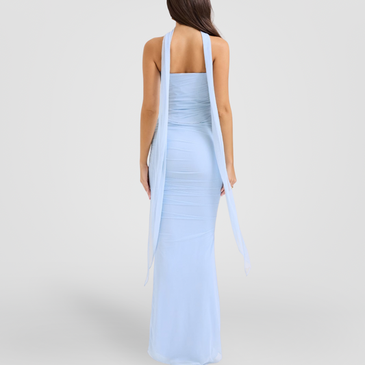 Baby Blue Draped Mesh Maxi Dress With Scarf Detail