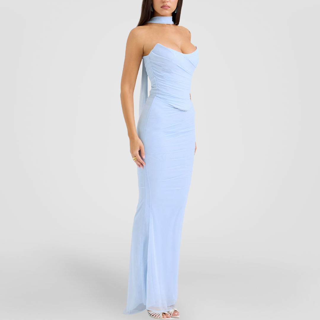 Baby Blue Draped Mesh Maxi Dress With Scarf Detail