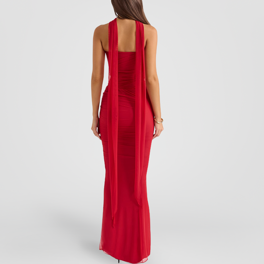 Red Draped Mesh Maxi Dress With Scarf Detail