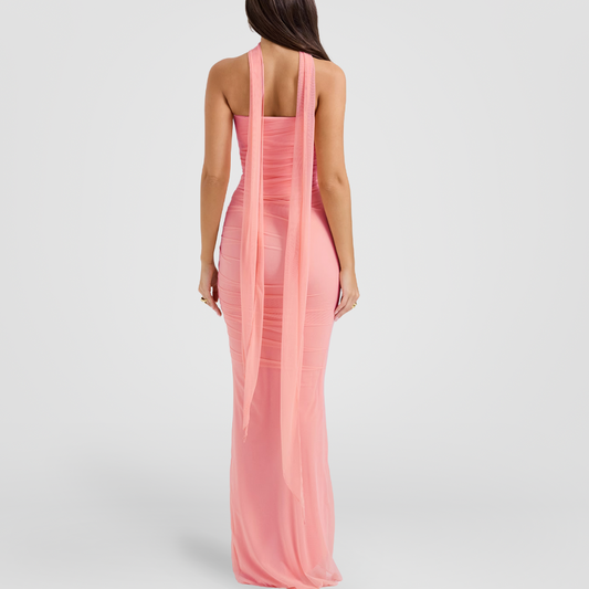 Pink Draped Mesh Maxi Dress With Scarf Detail
