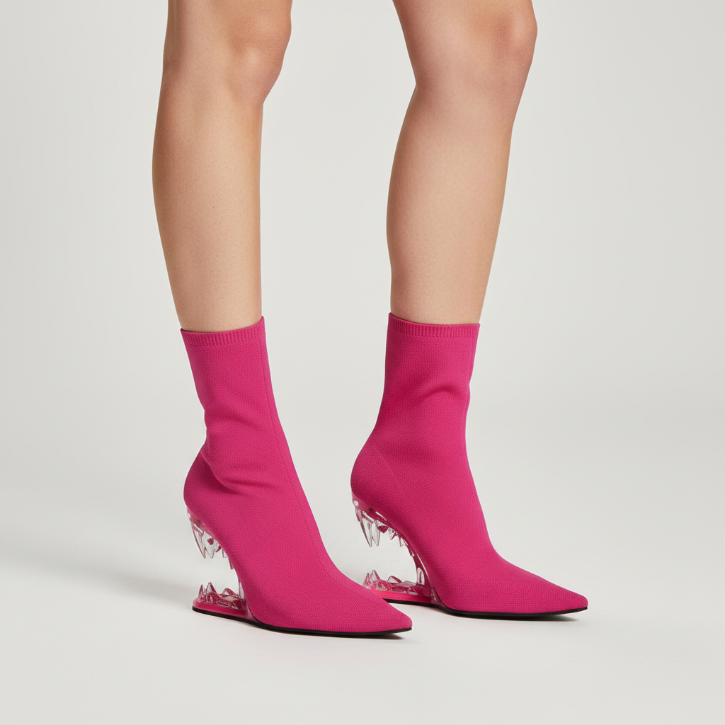 Pink Knit Ankle Boots with Transparent Pink Fang Heel