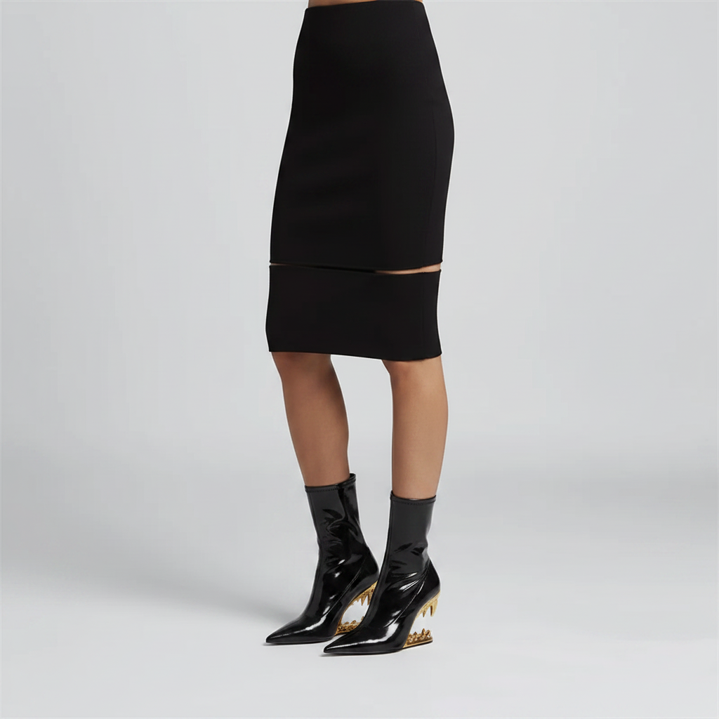 Black Patent Leather Ankle Boots with Gold Fang Heel