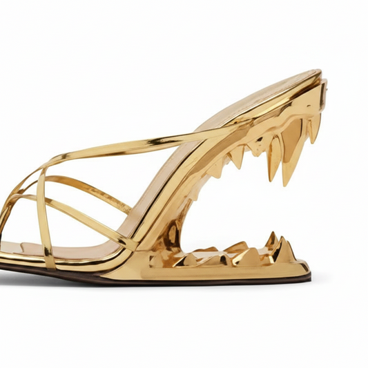 Gold Cross Strap Patent Leather High Heeled Fang Sandals