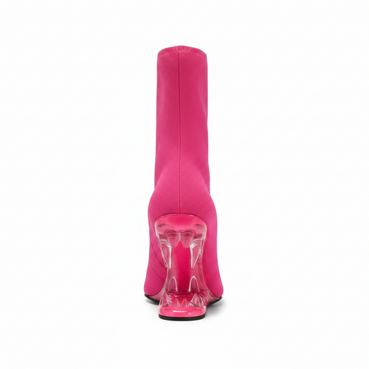 Pink Knit Ankle Boots with Transparent Pink Fang Heel