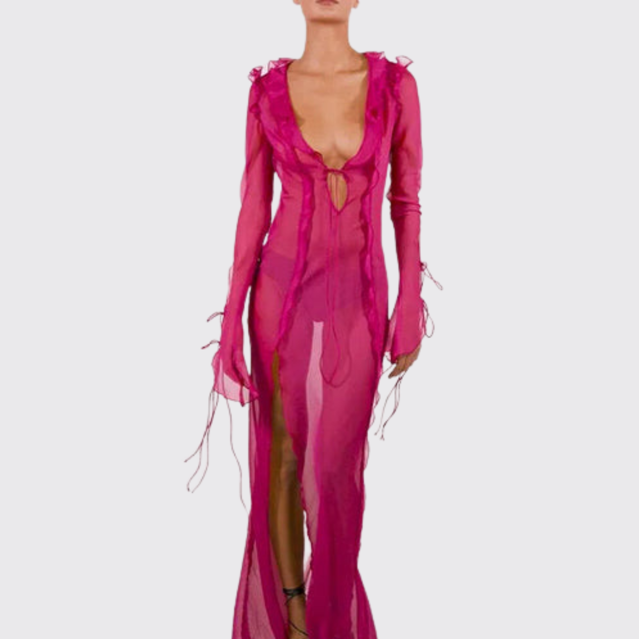 Pink Sheer Maxi Cover Up Dress With Ruffle Details ADONIS BOUTIQUE