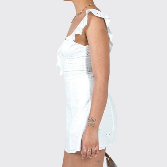 Ivory Front Strap Mini Dress With Lace Detailing