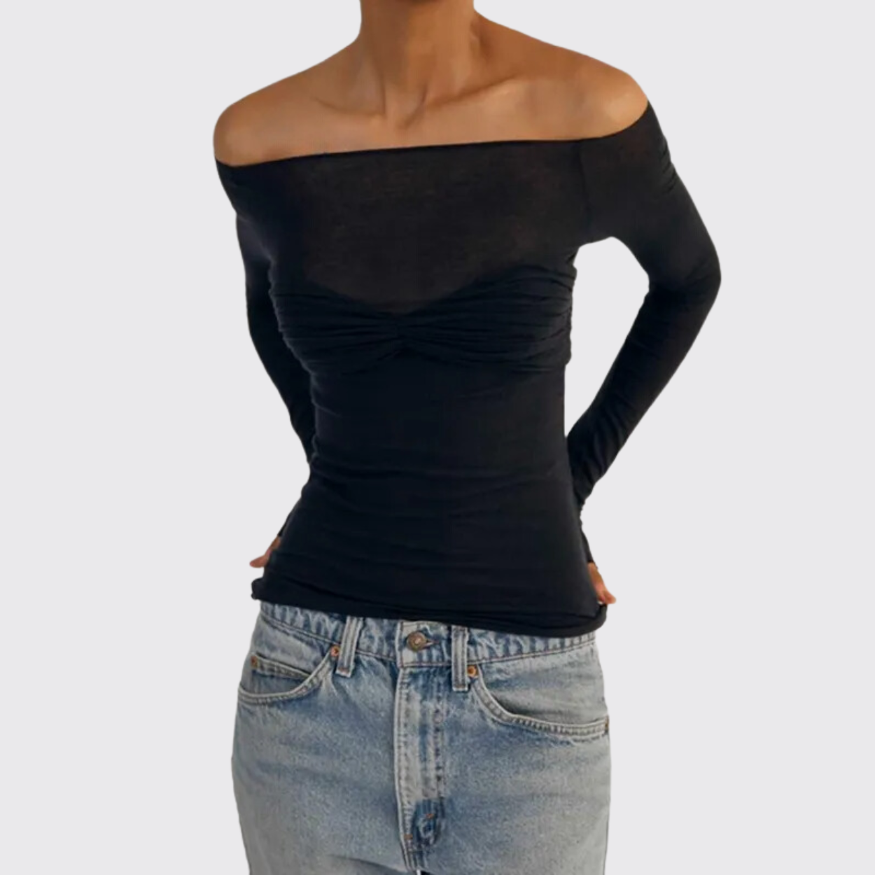 Black Long Sleeve See Through Knit Off The Shoulder Top ADONIS