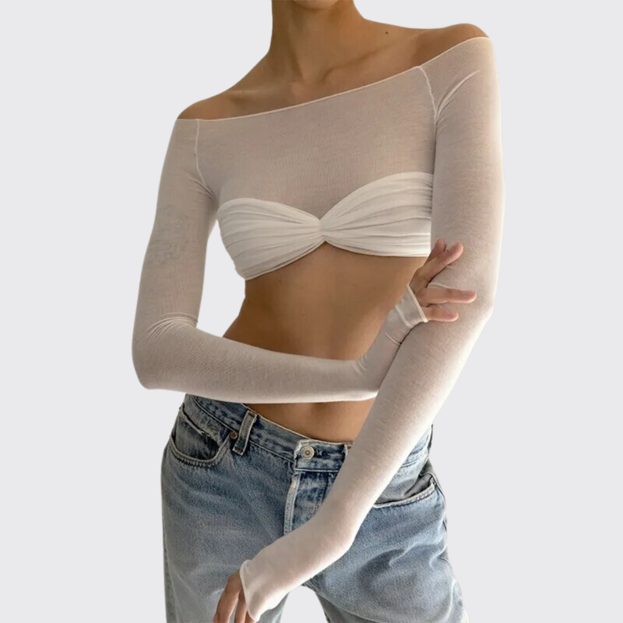 White Long Sleeve See Through Knit Off The Shoulder Crop Top