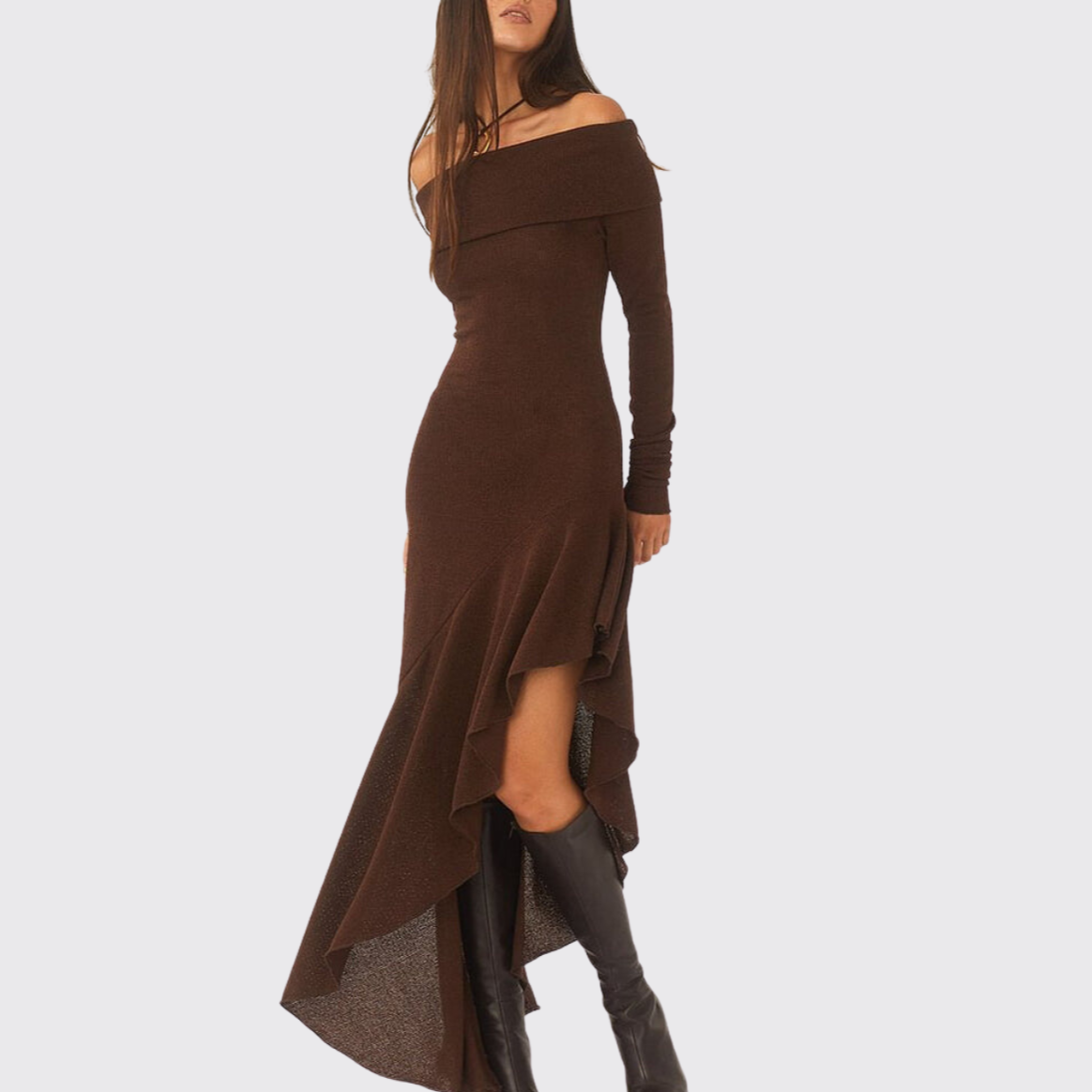 Brown Off Shoulder Long Sleeve Ruffle Slit Dress – ADONIS BOUTIQUE