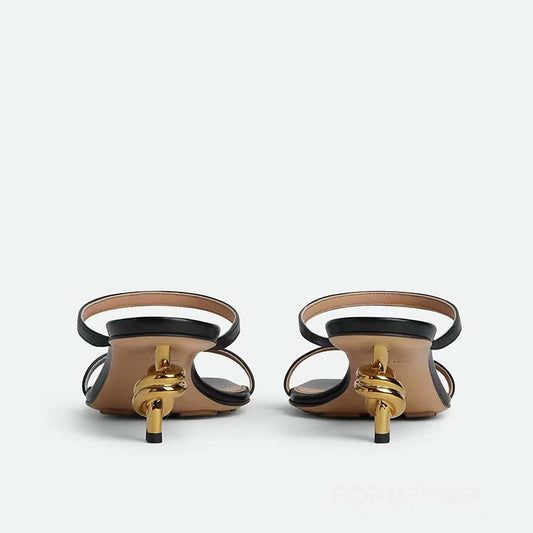 Black Strappy Sandals with Gold Knot Kitten Heel