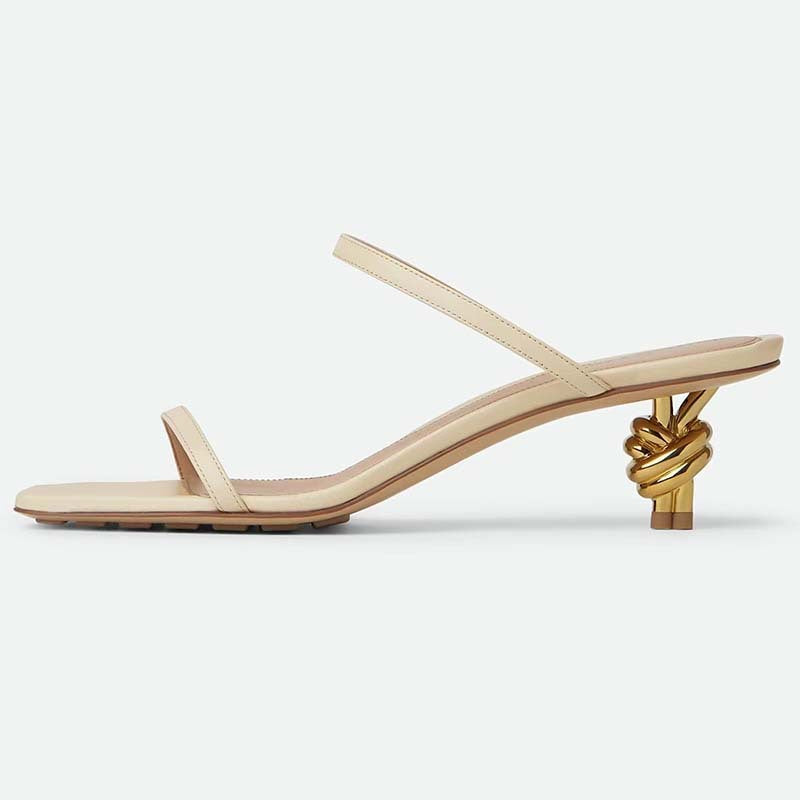 Beige Strappy Sandals with Gold Knot Kitten Heel