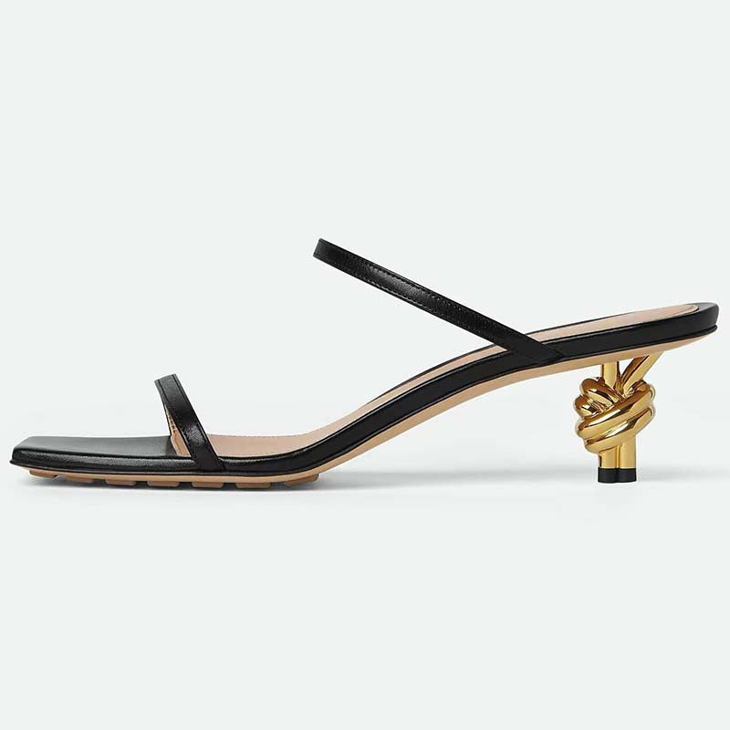 Black Strappy Sandals with Gold Knot Kitten Heel
