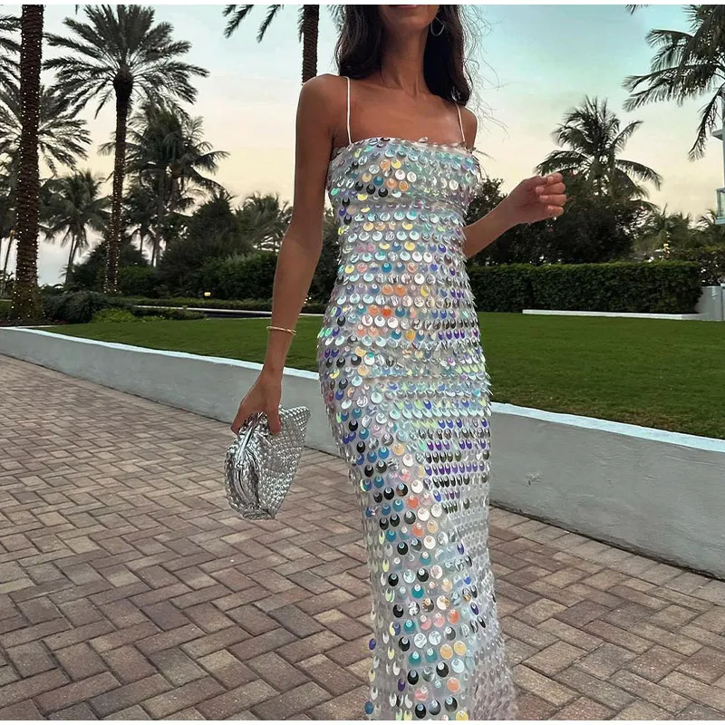 Silver Sequin-embellished Midi Dress