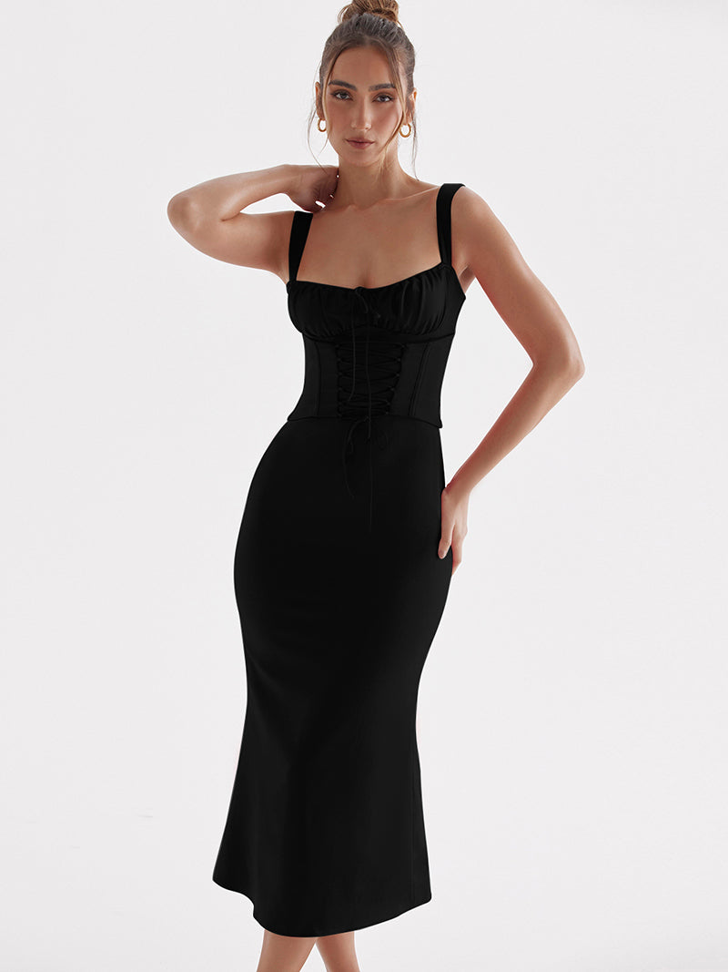 Black Elegant Strap Backless Dress Robe