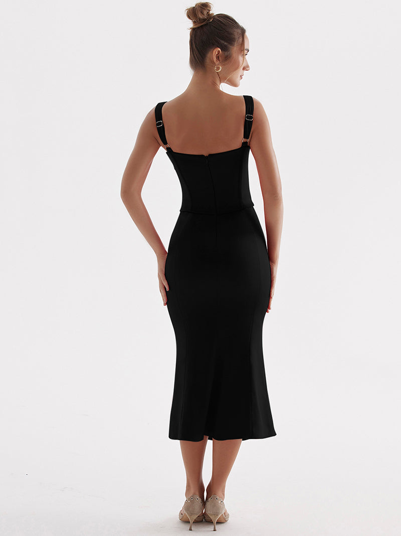 Black Elegant Strap Backless Dress Robe
