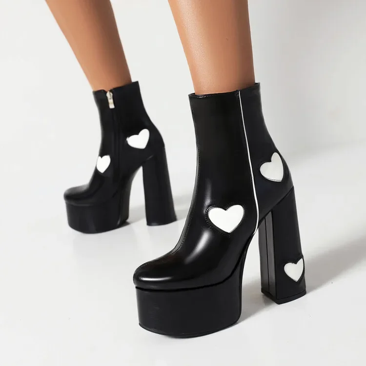 White Hearts Black Platform Boots
