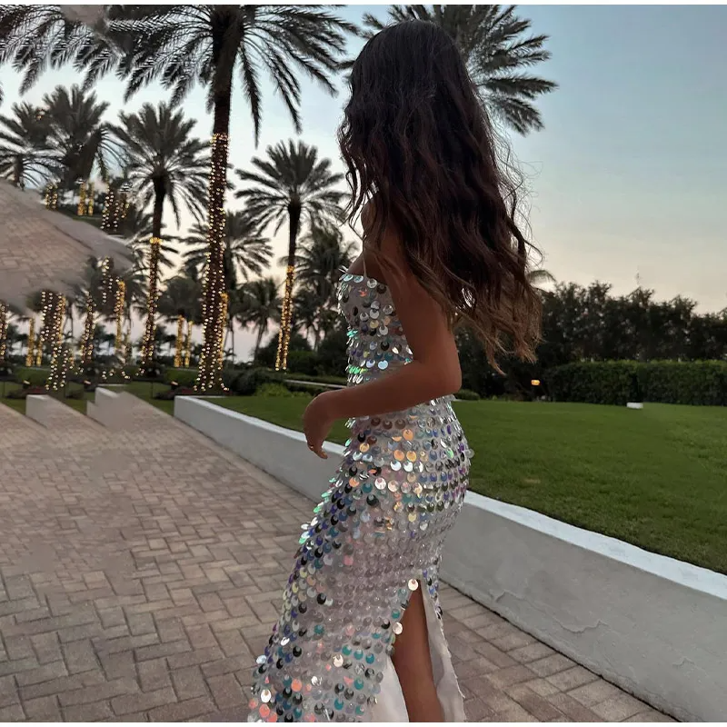 Silver Sequin-embellished Midi Dress