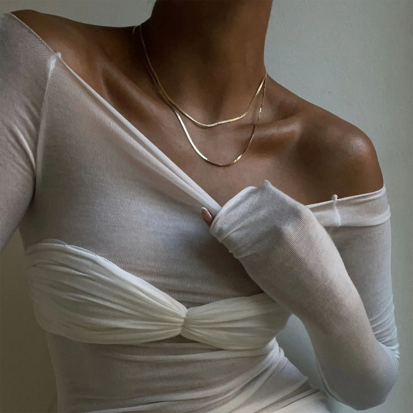 White Long Sleeve See Through Knit Off The Shoulder Top