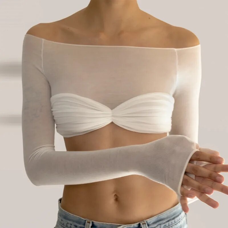 White Long Sleeve See Through Knit Off The Shoulder Crop Top