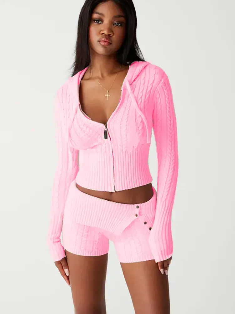 Pink Two Piece Knit Sweatsuit Shorts Set ADONIS BOUTIQUE